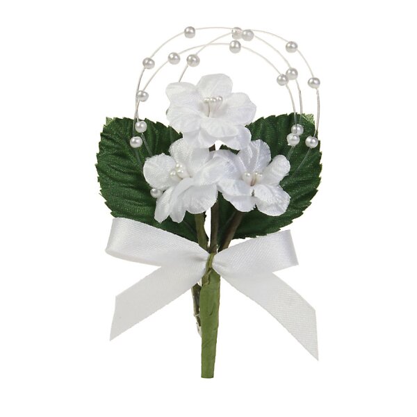 Anstecksträußchen zur Hochzeit mit Anstecknadel 3 weisse Blüten 11 cm