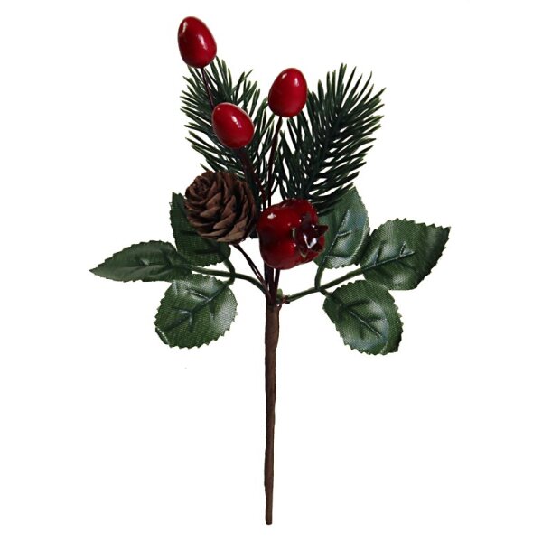 Weihnachts-Dekopick mit rotem Granatapfel und Beeren 17 cm Tannenpick Tannenzweig