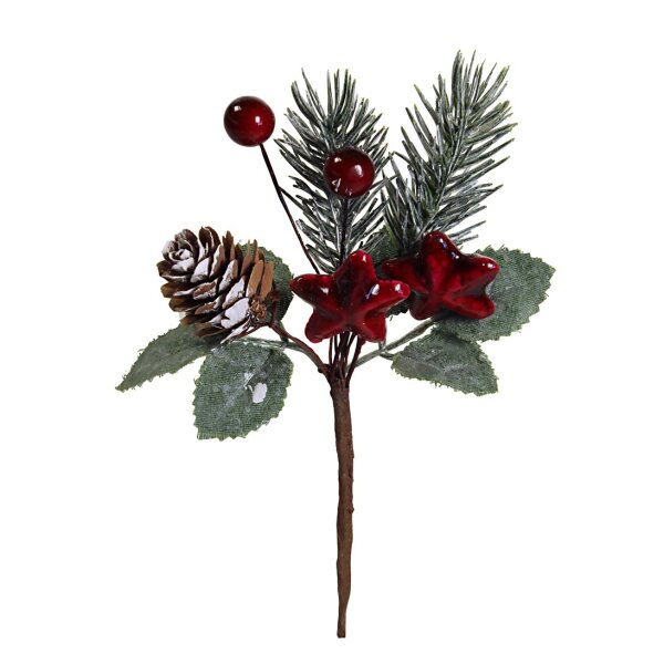 Weihnachtpick mit roten Sternen und Beeren beschneit 17 cm Tannenpick Tannenzweig