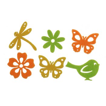 Filzstreu-Mix hellgrün-gelb-orange mit Vögeln und Libellen 3-4 cm 72 Stück
