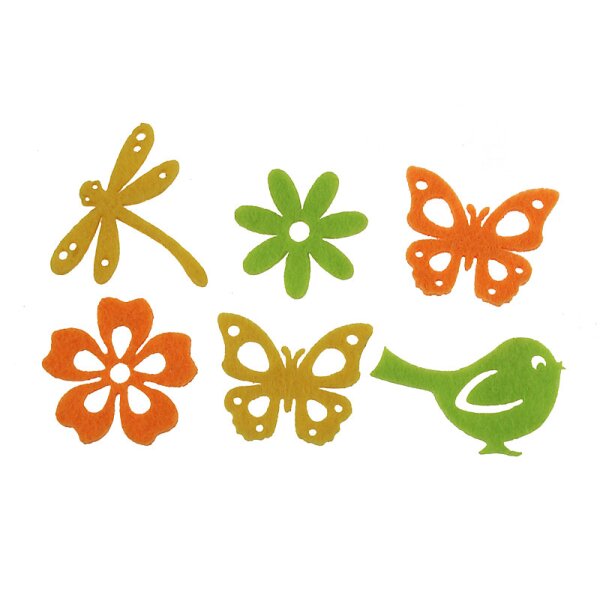 Filzstreu-Mix hellgrün-gelb-orange mit Vögeln und Libellen 3-4 cm 6 Stück
