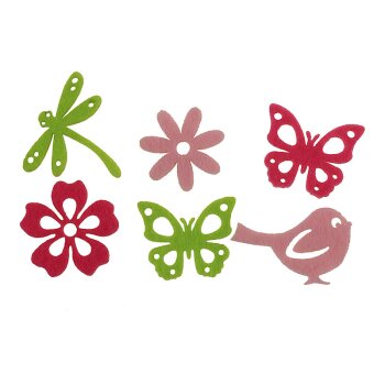 Filzstreu-Mix hellgrün-rosa-pink mit Vögeln und Libellen 3-4 cm 72 Stück