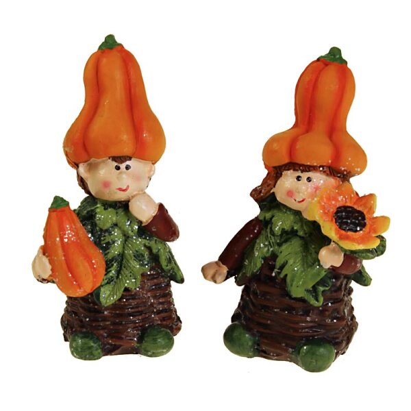 Kürbis-Kinder aus Polyresin stehend 8,5 cm 2er-Set Herbstfiguren Herbstdeko