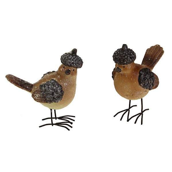 Keramikvögel herbstlich mit Eichelhut und Metall-Beinen 8 cm Stückpreis