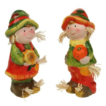 Keramikfiguren Herbstkinder mit Kürbis und Sonnenblume 12 cm Stückpreis