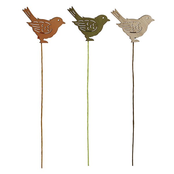 Preiswerte Deko Vögel aus Holz am Draht 27 cm 3-er Set Vogel-Stecker Herbstdeko mit Vögeln