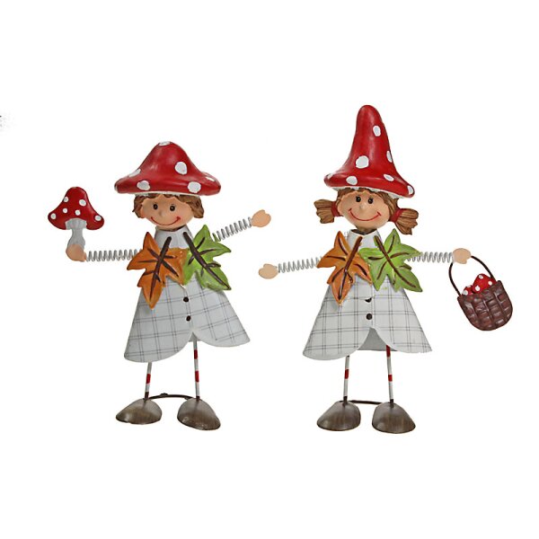 Dekofiguren Herbstkinder mit Pilzmütze Metall und Polystone 12-13 cm
