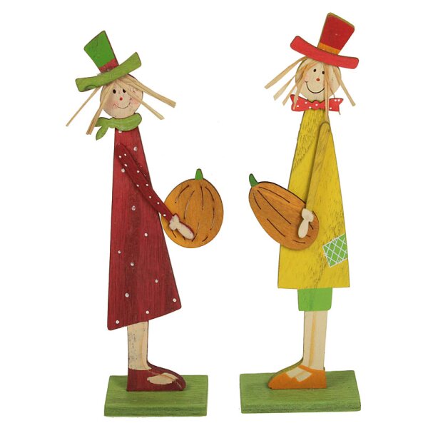 Herbstkinder aus Holz mit Kürbis stehend 22-23 cm 2er-Set