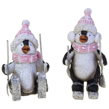 Pinguine schwarz-rosa mit Skiern 7,5-8,5 cm 2er-Set