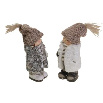 Weihnachtsfiguren Winter-Kinder mit Strickmütze grau-weiss 12,5 cm 2er-Set