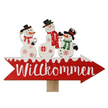 Wegweiser-Schild "Willkommen" mit Schneemännern 53 cm