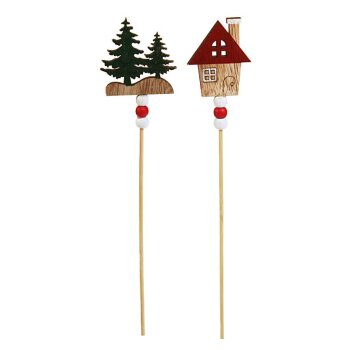 Deko-Stecker Weihnachten Holzhäuschen und Tannenbäume 30 cm 2er-Set