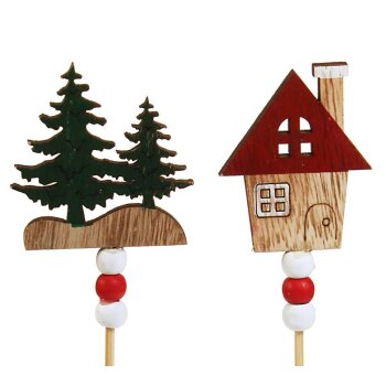 Deko-Stecker Weihnachten Holzhäuschen und Tannenbäume 30 cm 2er-Set