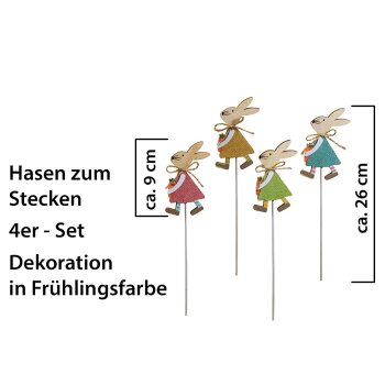 Holz-Osterhasen am Stab bunt mit Stoffkleid und Möhre 26 cm 4er-Set