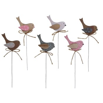 Deko-Stecker Holzvögel rosa-weiss-grau 28 cm 6er-Set