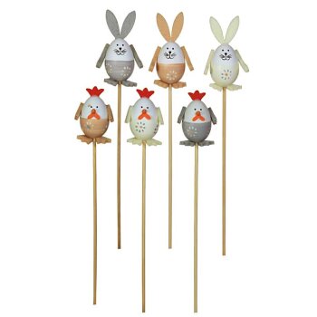 Osterei-Stecker Hase und Hühnchen creme-beige-grau 25 cm 6er-Set