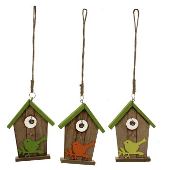 Vogelhaus-Hänger aus Holz mit Glöckchen 3er-Set 28 cm
