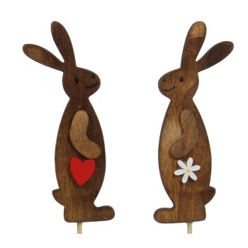Holzhasen zum Stecken mit Herz und Blume braun 2er-Set 25 cm