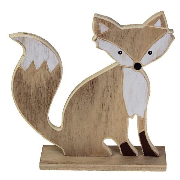 Deko-Fuchs aus Holz sitzend auf Holzplatte 18 x 18 cm