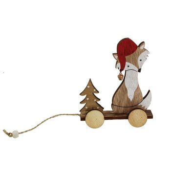 Deko-Fuchs aus Holz mit Weihnachtsmütze auf Wagen 10 cm
