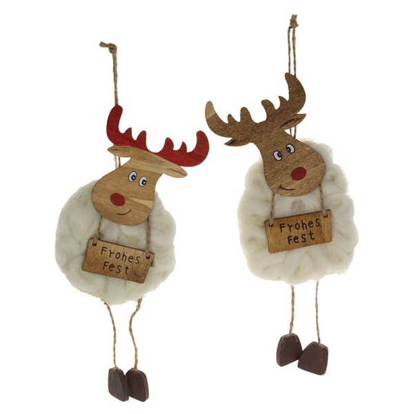 Weihnachts-Elche „Frohes Fest“ Holz-Wolle 21 cm Stückpreis