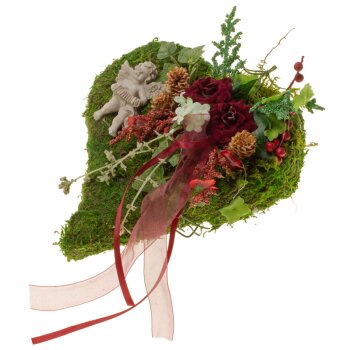 Grabherz mit Moos und roten Blüten 23 x 21 cm
