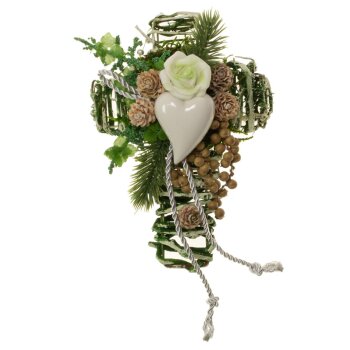 Grabkreuz mit grün-weißer Dekoration und Herz für Allerheiligen 21 x 15 cm