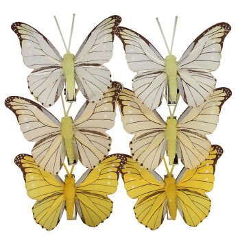 Feder-Schmetterlinge gelb-weiss 7 cm 6er-Set