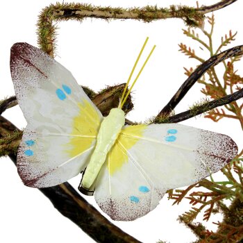 Deko-Schmetterlinge aus Federn pastell-gelb mit Clip 8 cm