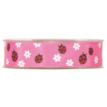 Motivband mit Marienkäfern und Blüten rosa 25 mm
