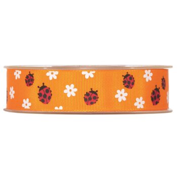 Motivband mit Marienkäfern und Blüten orange 25 mm