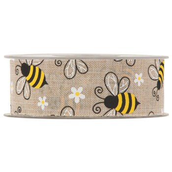 Dekoband mit Bienen und kleinen Blumen 38 mm natur-beige
