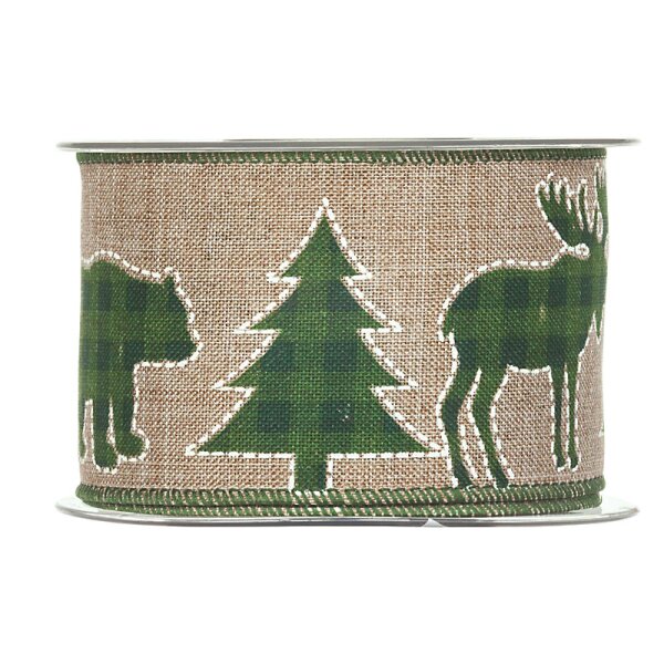 Weihnachtliches Naturband mit Drahtkante Bär, Elch, Tannenbaum natur-grün 63 mm