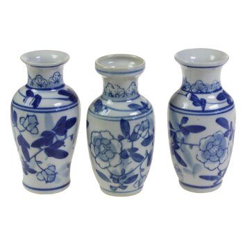 Porzellan-Vasen mit Blumenmuster blau-weiss 3er-Set