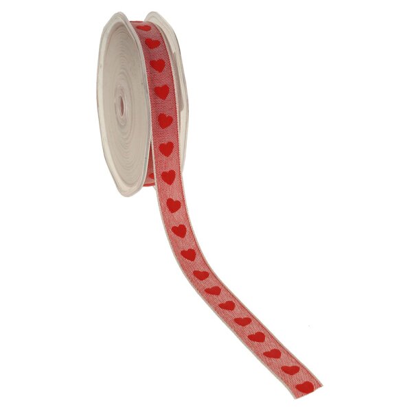 Herzchenband natur-rot 15 mm Schleifenband mit roten Herzen