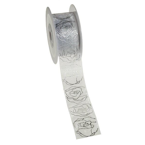 Hochzeits-Schleifenband Silberhochzeit weiss mit silbernen Rosen 40 mm