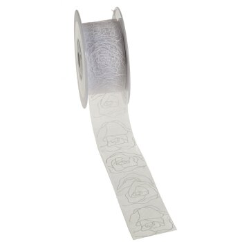 Hochzeits-Schleifenband weiss mit weissen Rosen 40 mm