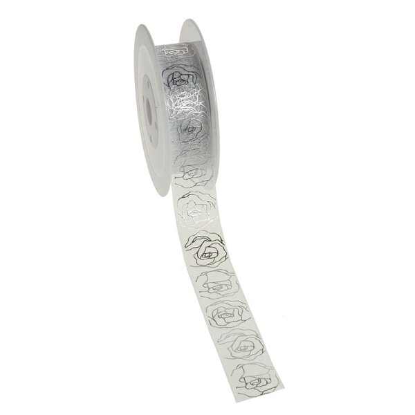 Hochzeits-Schleifenband Silberhochzeit weiss mit silbernen Rosen 25 mm