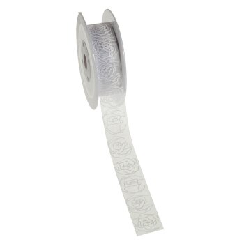Hochzeits-Schleifenband weiss mit weissen Rosen 25 mm