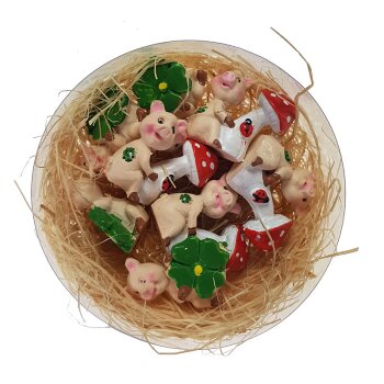 Mini-Glücksschweinchen mit Glücksklee und Fliegenpilz 3 cm 8 Stück kleine Silvesterfiguren