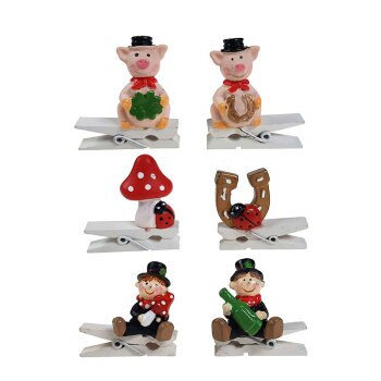 Glücksbringer-Figuren auf weisser Klammer 4x 3,5 cm 6er-Set Tischdeko Tischkarten-Halter