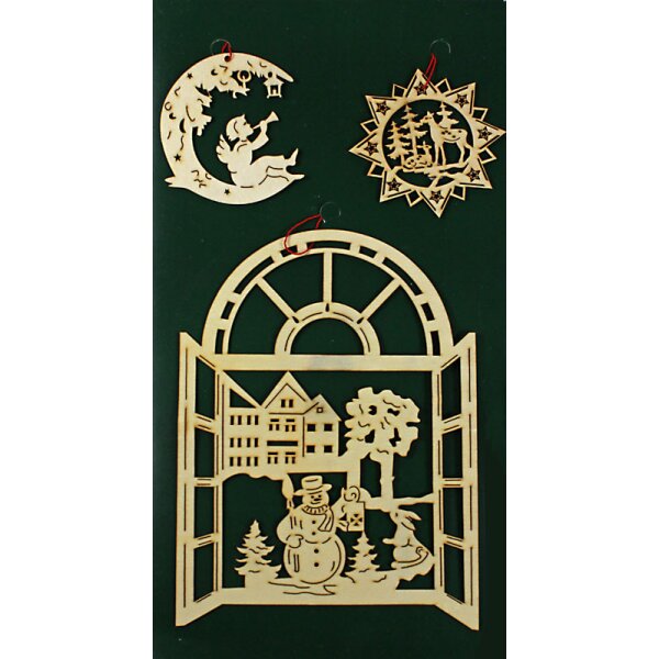 Weihnachtsdeko aus Holz als Fenster mit Schneemann und Häschen 8-21 cm 3er-Set