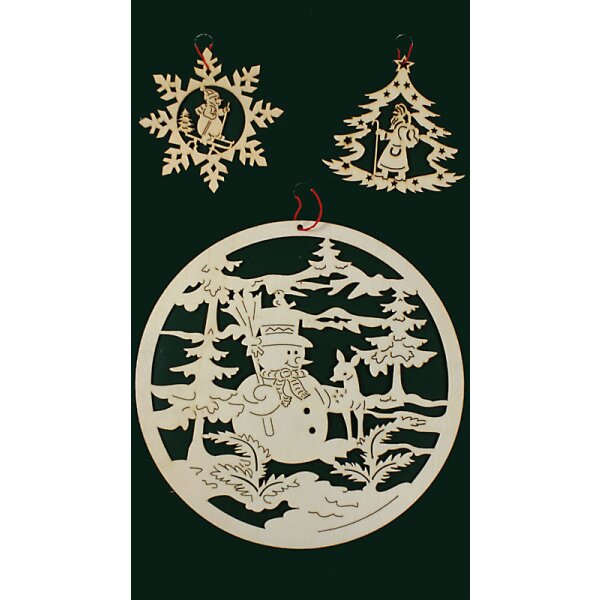 Weihnachtsdeko aus Holz als Kugel mit Schneemann und Reh 8-19 cm 3er-Set