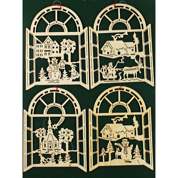 Weihnachtsdeko Holzfenster mit Winterlandschaft gelasert 12x9 cm 4er-Set
