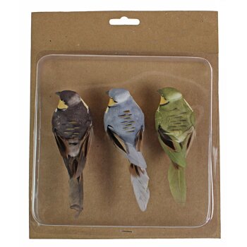 Große Baumpilz-Federvögel am Clip blau-grün-braun 13 cm 3er-Set