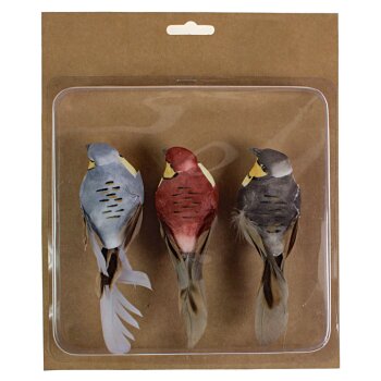 Große Baumpilz-Federvögel am Clip blau-bordeaux-braun 13 cm 3er-Set