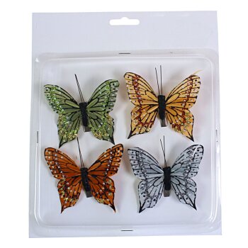 Schmetterlinge aus Federn mit Glitter und Clip 8 cm 4er-Set