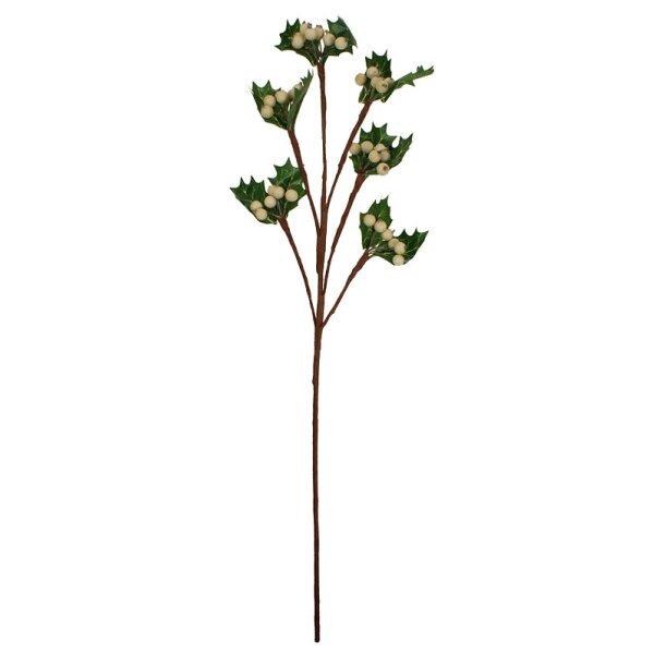 Großer Ilexzweig mit weissen Ilex-Beeren 60 cm künstliche Stechpalmen-Zweige