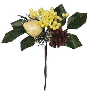 Tannenpick mit creme-weissen Beeren und Birne 18 cm