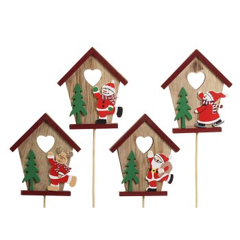 Dekostecker Holzhäuschen mit Weihnachtsfigur und Tannenbaum 27 cm 4er-Set